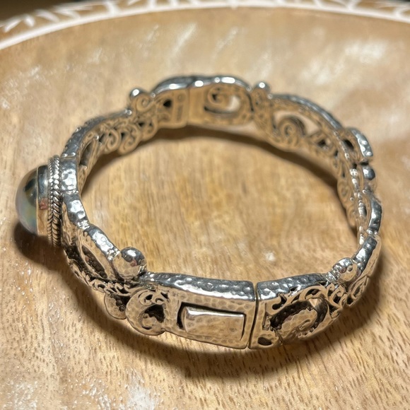 Sarda Blue Cultured Mabe Pearl Silver Tree Of Life Bangle Bracelet - Picture 7 of 16